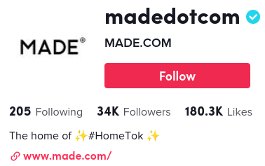 Made.com's TikTok profile