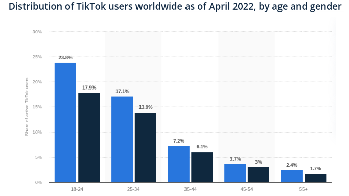 Distribution of TikTok users worldwide as of April 2022, from Statista