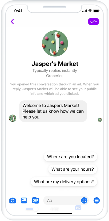 Facebook Messenger Ads example from Jasper's Market