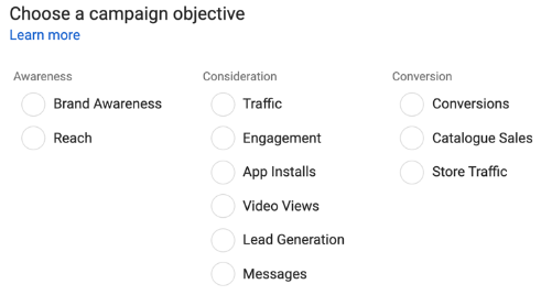 Selecting a Facebook campaign objective
